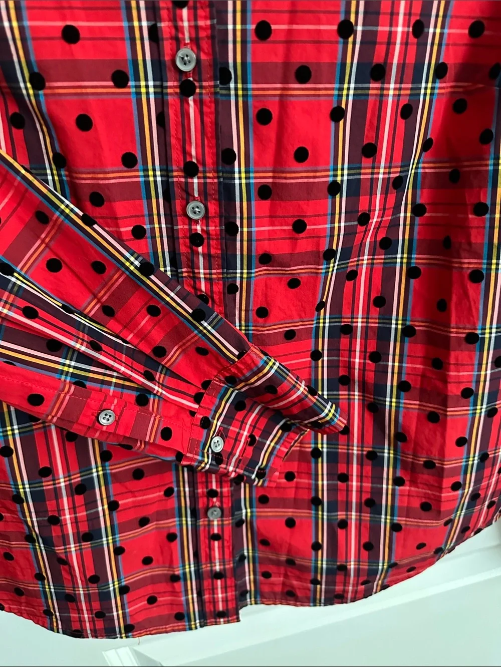 J. Crew Red Plaid Long-Sleeve Button-Up Shirt with Black Dot Accent